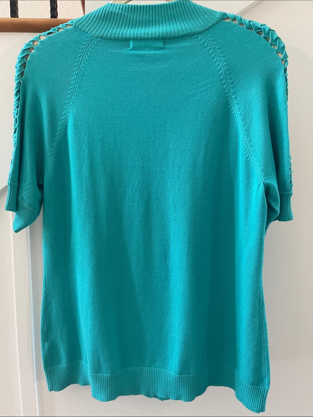 Belldini Teal Rhinestone Zip-Front Short Sleeve Sweater Size XL - Picture 7 of 16